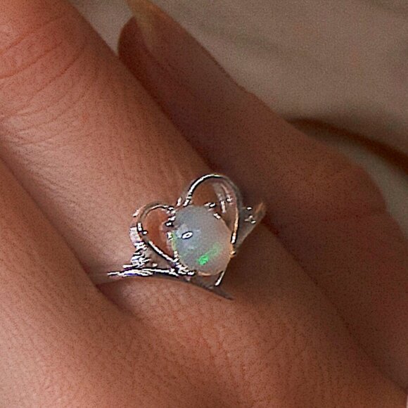 Silver Heart Opal Ring, Real Sterling Silver Stamped 925 Size 8 Ethical Lab Opal - Picture 1 of 9
